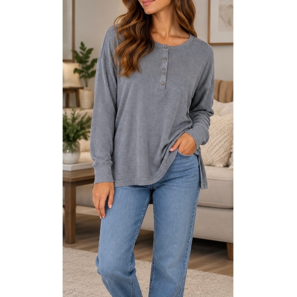 Womens Oversized Waffle Henley Top Charcoal Gray Long Sleeve Size-Medium